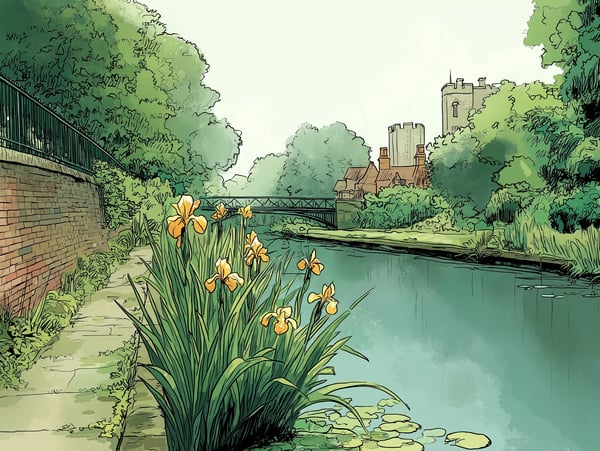A watercolor illustration of yellow flag irises alongside a canal flowing through the scenic gardens in Canterbury, Kent, England with the medieval gatehouse and fortifications in the background.